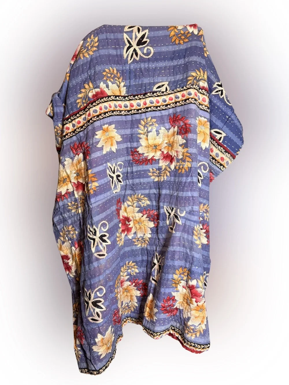Floral Kantha Cotton Quilted Bedspread in Blue and Red - Classic Floral Design